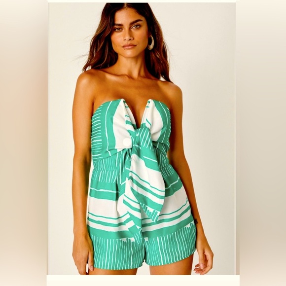 Lulus Pants - Lulu's Green and White Strapless Romper